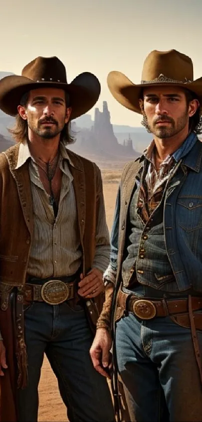 Rustic Western scene with cowboys in the desert landscape, showcasing authentic cowboy apparel.