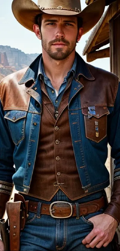 Cowboy in denim and leather outfit with desert backdrop.