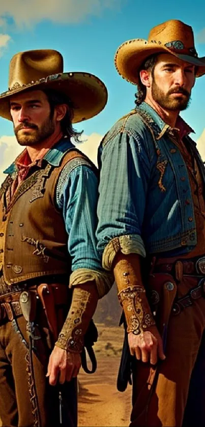 Western cowboy duo in desert backdrop, vivid blue sky.