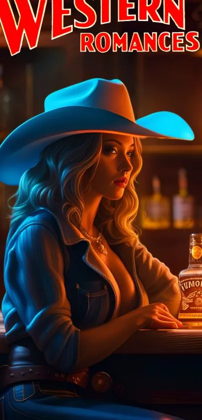 Cowgirl in Western-themed bar setting with whiskey bottles.