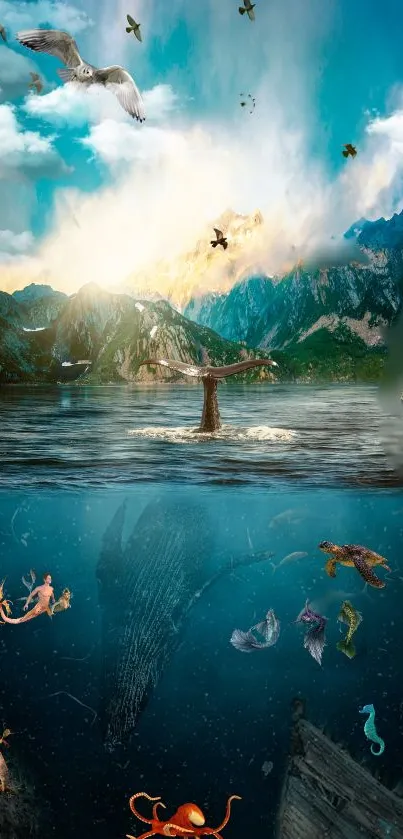 Fantasy wallpaper with whales, mountains, and mystical creatures.