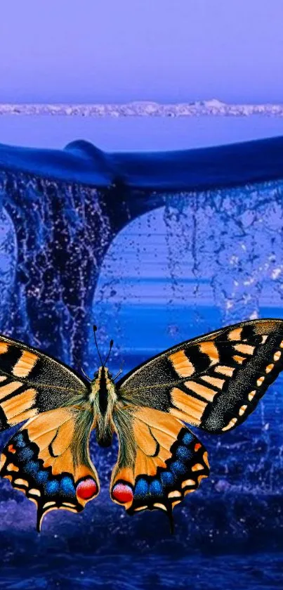 Whale tail with colorful butterfly on blue ocean background.