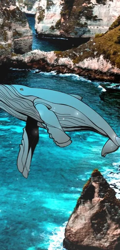 Illustrated whale floating above ocean cliffs scene in teal hues.