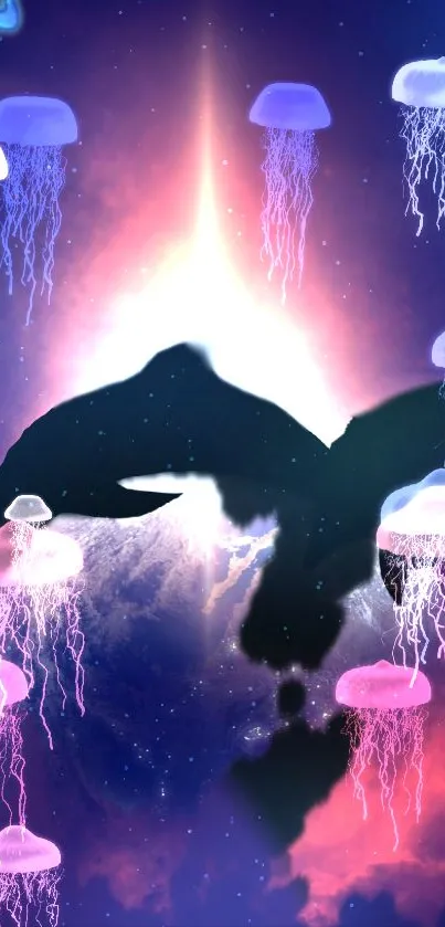 Majestic whale and glowing jellyfish in a cosmic purple galaxy.