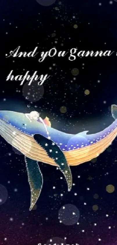 A dreamy wallpaper featuring a whale in a starry night sky with whimsical charms.