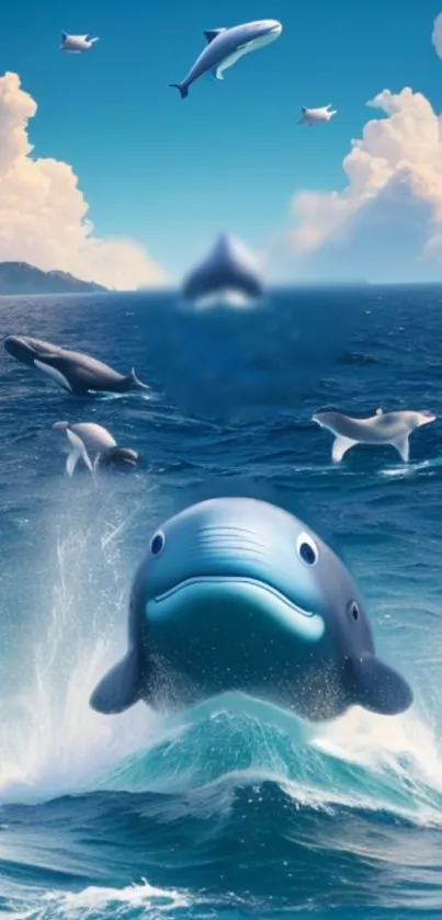 Whale leaping through ocean with clouds and mountains in background.