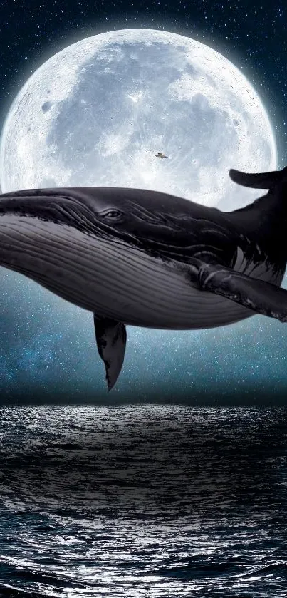Whale swimming under moonlit ocean.