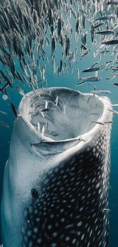 Whale shark swimming among fish in the ocean.