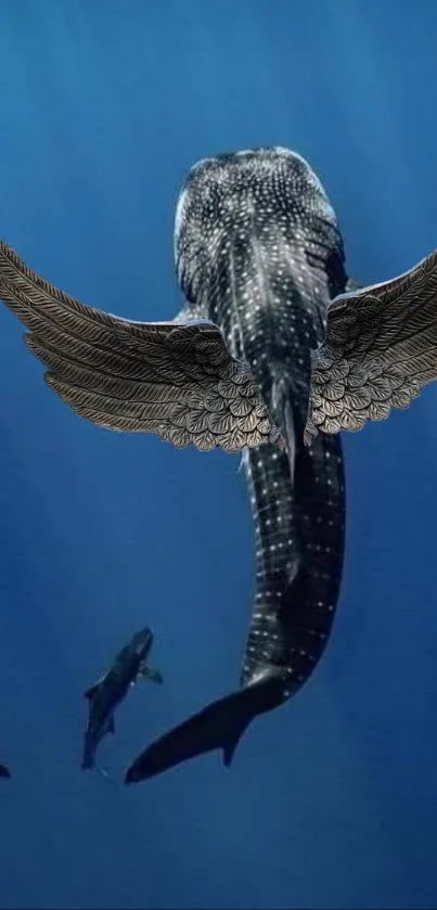 Majestic whale shark with wings against a blue ocean background.