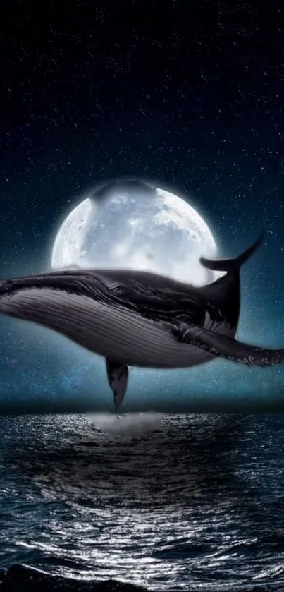 Whale leaping under a silver moonlit ocean sky at night.