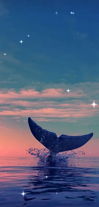 Whale tail emerging from ocean at sunset with vibrant sky.