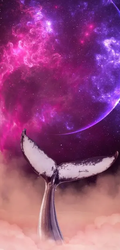 Whale tail under pink and purple cosmic scene.