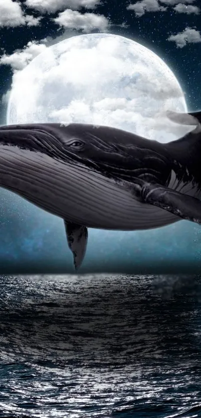A whale jumping under a moonlit sky with ocean reflections.