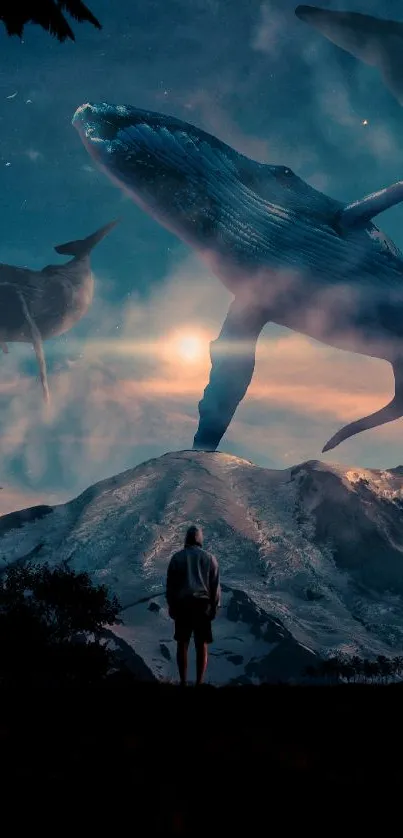 Surreal wallpaper with whales soaring over moonlit mountains at dusk.