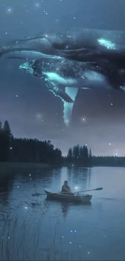 Majestic whales glide above a calm lake at dusk, blending fantasy and tranquility.