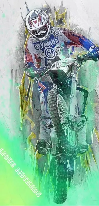 Motocross rider performing stunt on green and white themed wallpaper.