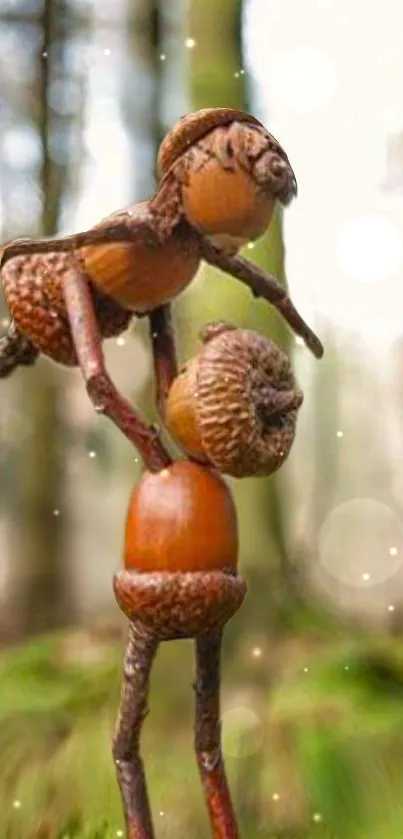 Two whimsical acorn figures in a forest setting artwork.