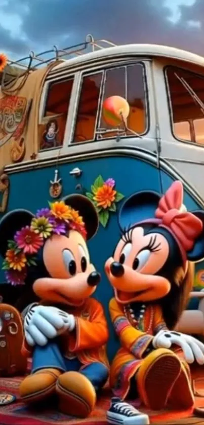 Mickey and Minnie Mouse beside a retro van with vibrant decorations.