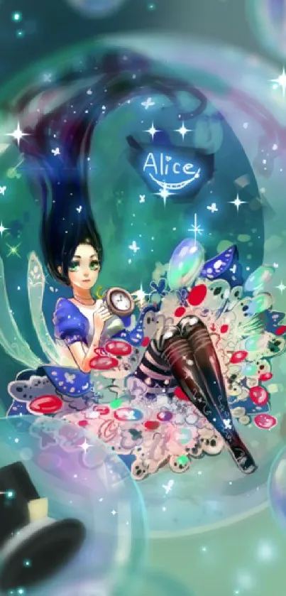 Whimsical Alice-themed fantasy wallpaper with vibrant colors and underwater elements.