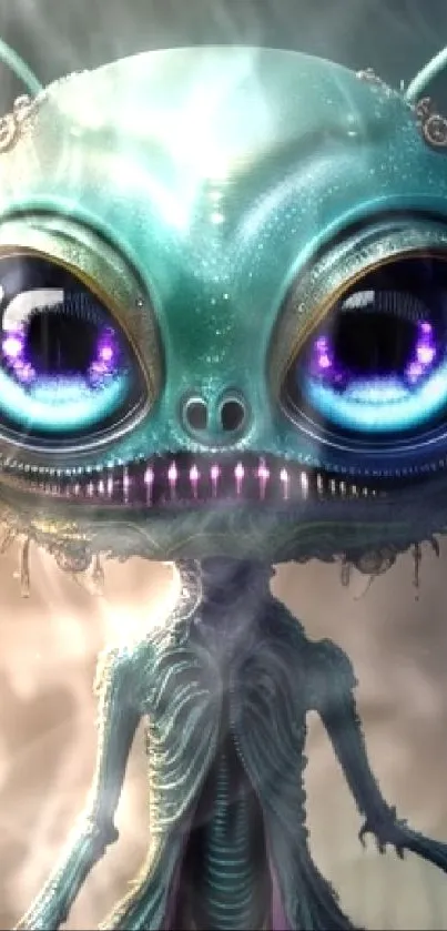 Whimsical alien artwork with vibrant colors and large captivating eyes.