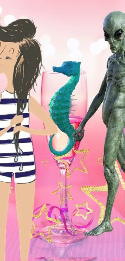 Whimsical alien and seahorse art on pink background with stars.