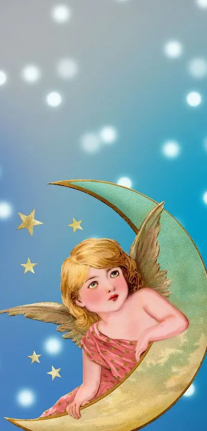 Whimsical wallpaper featuring an angel on a crescent moon with a blue starry background.