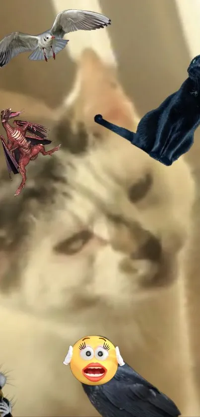 Whimsical collage of various animals, including a cat and a dragon, on a beige background.