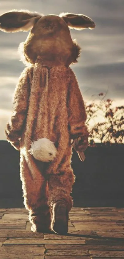 Child in fluffy animal costume under a moody sky.