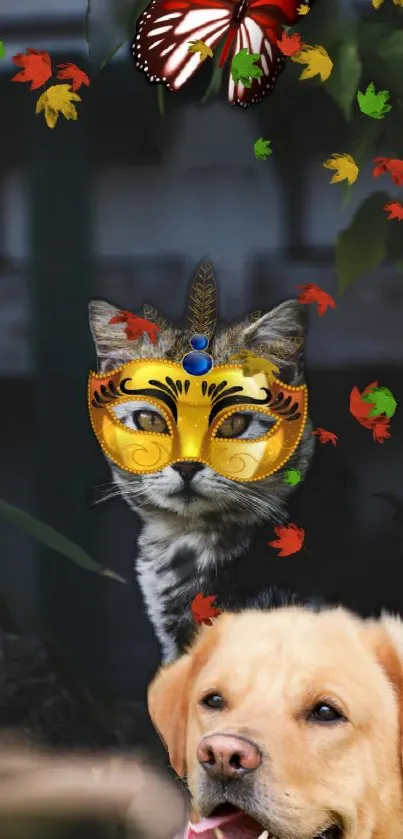 Whimsical wallpaper with a masked cat and dog surrounded by colorful leaves.