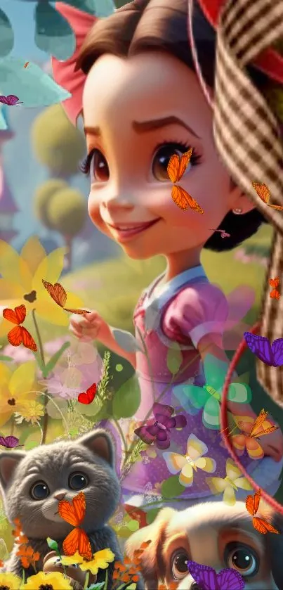 Animated girl with butterflies in a whimsical, colorful nature scene.