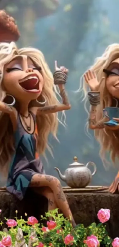 Whimsical animated tea party with vibrant characters and a fantasy atmosphere.