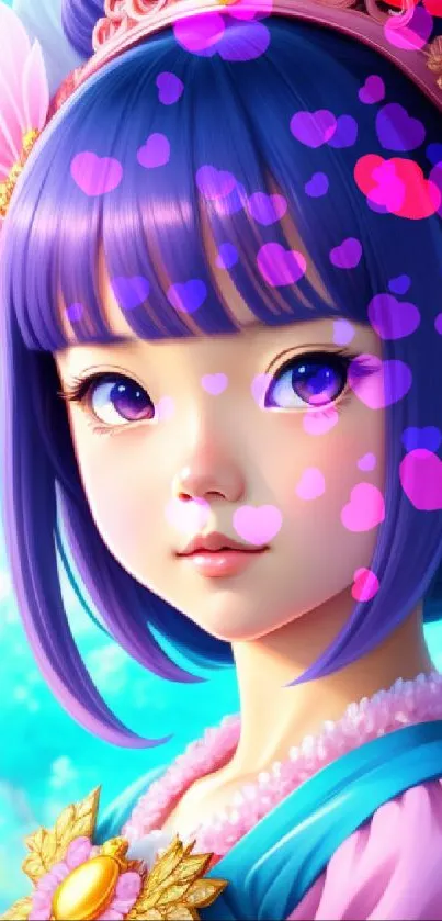 Anime girl with purple hair and a floral headband in vibrant colors.