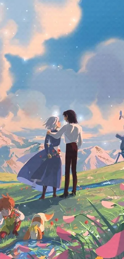 Whimsical anime scene with mountains, meadow, and characters.