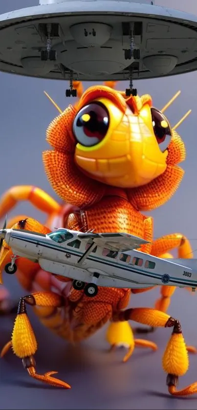 Colorful cartoon alien insect with plane in playful scene.