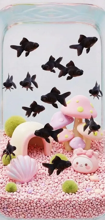 Whimsical aquarium art with black goldfish and pink decor.