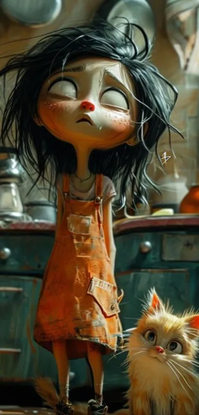 Whimsical illustration of a girl and cat in a kitchen setting.