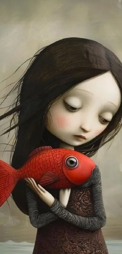 Whimsical art portrait of a girl holding a red fish.