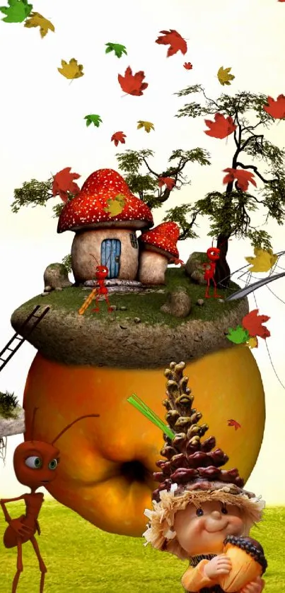 Whimsical wallpaper featuring autumn leaves, a mushroom cottage, and playful ants.