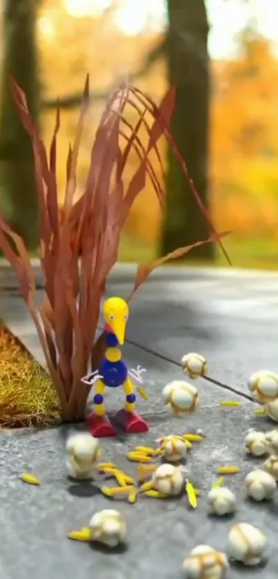 Whimsical figurine on slate path amid autumn leaves.