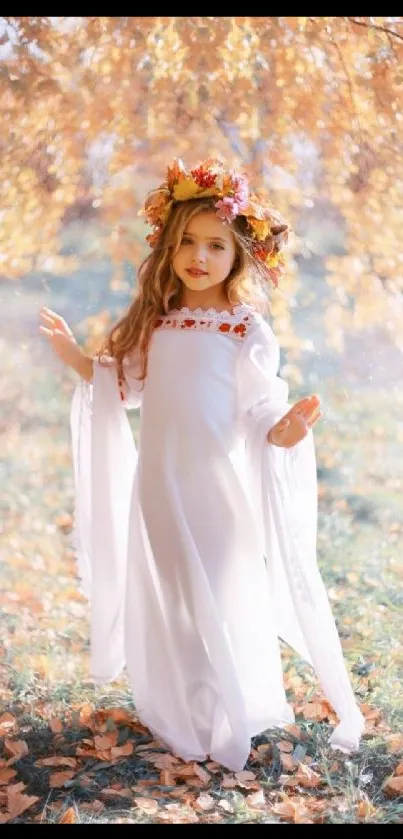 Little girl in white dress with autumn leaves background.