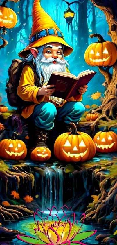 Gnome reading, surrounded by pumpkins in an enchanted blue forest.