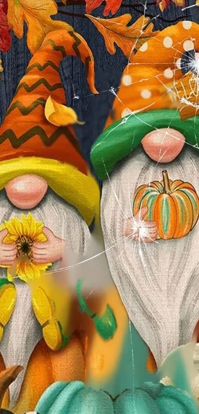 Whimsical gnomes in autumn setting, with pumpkins and vibrant colors.