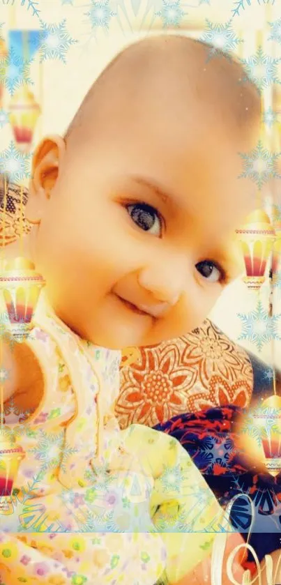 Cute baby with festive lanterns background, bright and charming mobile wallpaper.