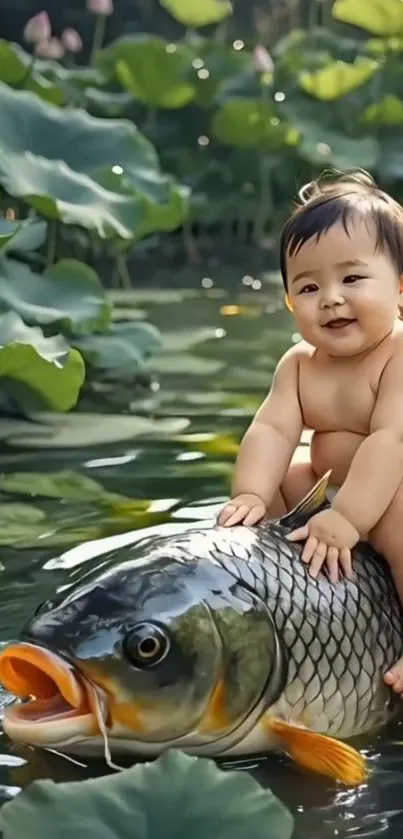 A cute baby riding a large fish in a lush pond.