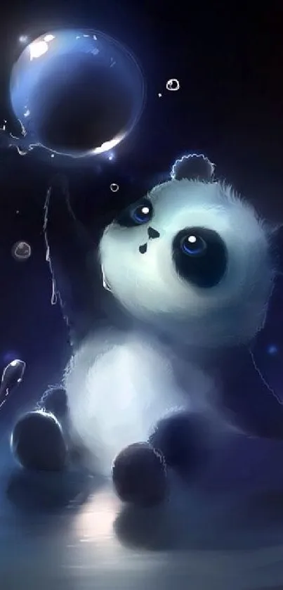 A whimsical baby panda reaches for a glowing orb in a dark, mystical setting.