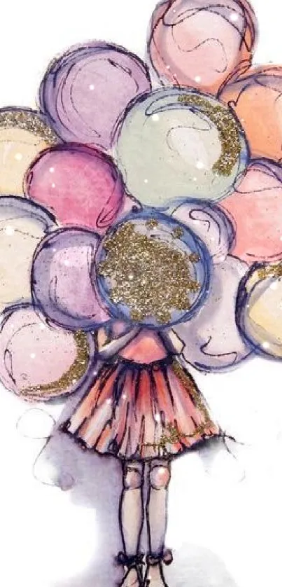 Whimsical watercolor of a girl holding balloons with glitter accents.