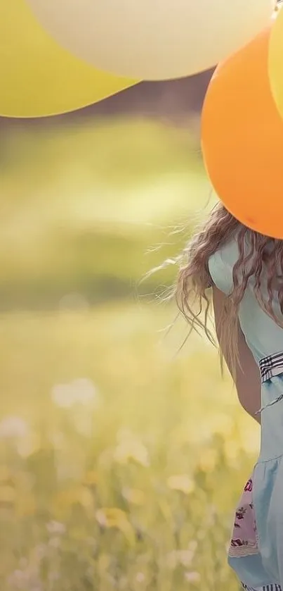 Girl holding yellow and orange balloons in a sunny field.