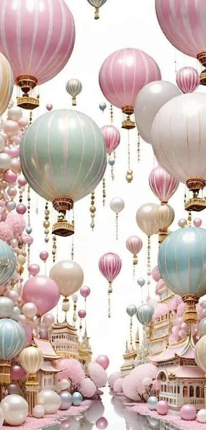 Pastel hot air balloons float over a fantasy landscape in a whimsical wallpaper.