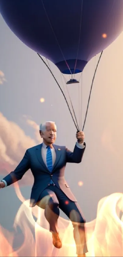 Surreal artwork of a person floating with a balloon in the sky.