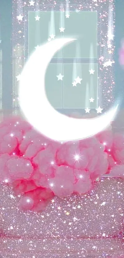 Whimsical pink bath with glitter and crescent moon in a dreamy setting.